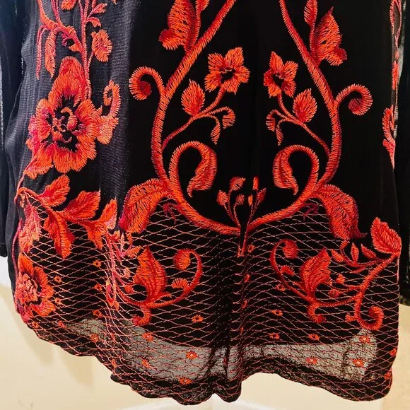 INC Exquisite Red Floral Embroidery Black Sheer Top Size PXL - Picture 4 of 8